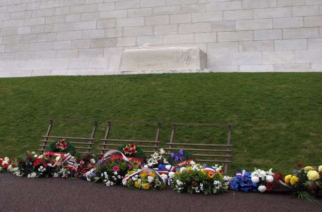 Floral tributes at the Tomb of the Unknown Soldier, at the base of the Vimy Monument