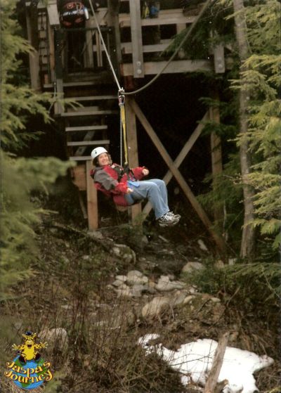 Sue experiencing ziplining for the first time in Whistler (May, 2008)  - notice the snow on the ground!!