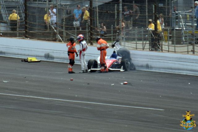 Amazing all three drivers are fine -  Jack Hawksworth talks to a marshal after climbing out of his wrecked machine