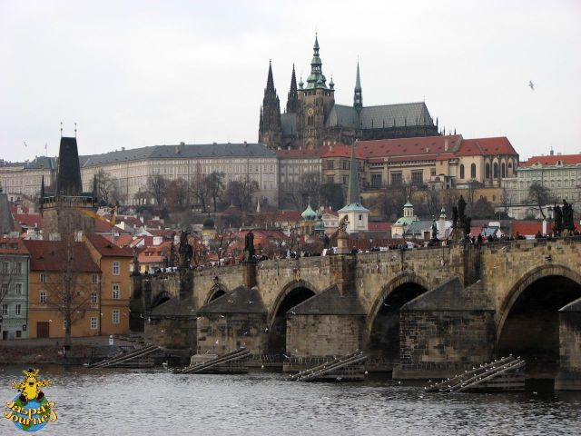 The western end of the Charles Bridge, with Prague Castle on the hill behind
